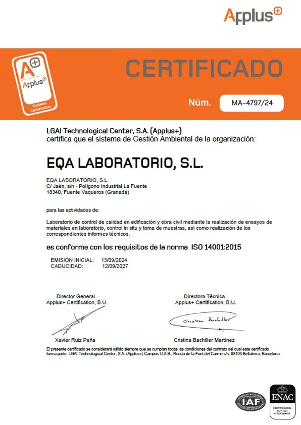Certificado ISO 14001 EQA Laboratorios